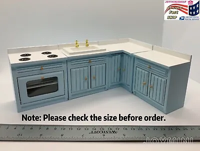 4pc Kitchen Set Dollhouse 1:12 Blue Miniature Cupboard Corner Stove Sink Cabinet • $25.99