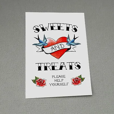Sweets Treats Sign Rockabilly Tattoo Wedding Party Candy Bar Buffet Rock N Roll • £5.50