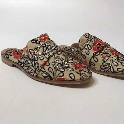 $35 • Buy Free People Womens Size 6.5 Gold Sequin Brocade Slip On Mules Shoes Red Floral