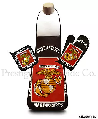 U.S. Marine Corps BBQ Kitchen Set-Apron-Oven Mitt-Pot Holder-Marines Flag Emblem • $24.79