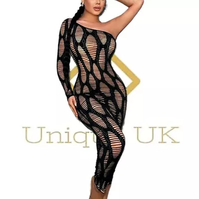 Women's Sexy Black Out Knitted One Shoulder Bodycon Dress 12-14 NEW FREE P&P  • £23