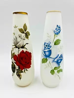 2 X Vintage Satin Frosted Glass Vases Floral Red & Blue Rose Theme Made In Japan • $45