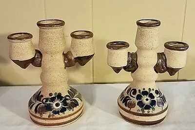 Pair Candle Holder Sandstone Mexican Pottery Candelabra Folk Art Holds 3 Candles • $29.99