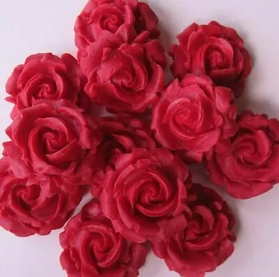 12 Edible Ruby Red Roses Wedding Birthday Valentine Cake/Cupcake Decorations.  • £4.50