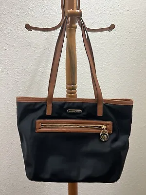 Michael Kors Kempton Tote Shoulder Bag Black Nylon Brown Leather Trim • $32