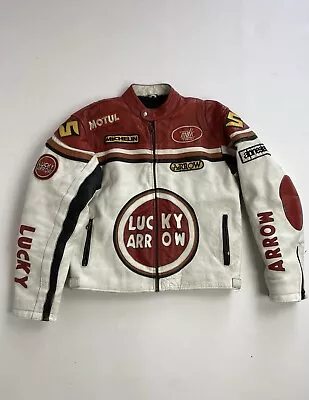 90s 'Lucky Arrow' Patchwork Moto Racer Leather Jacket • $102