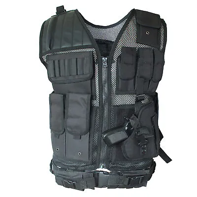 Tactical Vest Molle With Gun Holster Black Combat Assault Police Military • $36.99