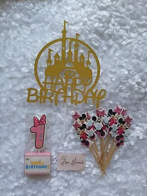 Number 1 Happy Birthday Candle + Minnie Mouse Picks + Disney Castle Cake Topper. • $7.46