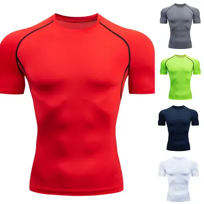 Mens Compression Under Base Layer Sport Gym Tights Fitness Workout T-Shirt Tops • £13.52