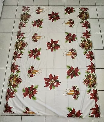 Vintage Christmas Linen Tablecloth Candles Holly Poinsettia 80 X 57 • $25