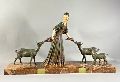 Charming 19th Century French Art Deco Metal Sculpture: 'Girl With Goats' • $1750