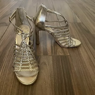 Vince Camuto Womens Egyptian Gold Leather Heeled Ariah Sandals Size 6.5 M • $58.97