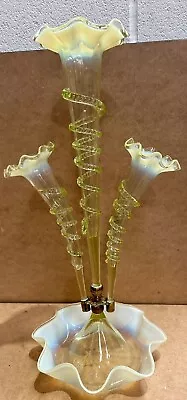 Antique Victorian Vaseline Uranium Glass 3 Flute Epergne (19 1/2 Inches Tall) • £159