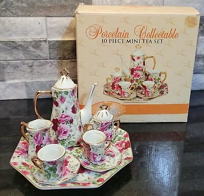 Classic Treasures Porcelain Collectable 10pc Mini Tea Set Victorian Roses Gold  • $24.99