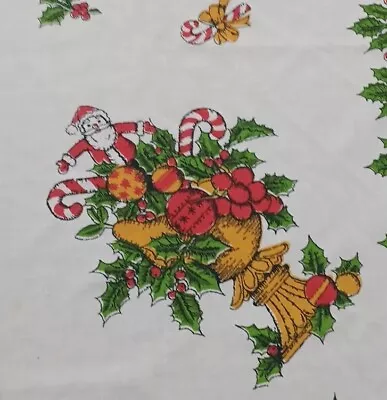 VTG CHRISTMAS Tablecloth Santa Holly Candy Canes Candles USA  60x77 Rectangular  • $14.99