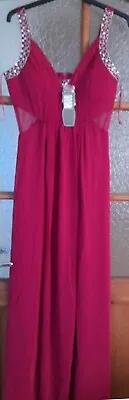 Cotton Club Maxi Dress Sie 12 Red Chiffon Silver Beading  • £10