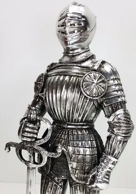 12 3/4  Medieval Times KNIGHT CHROME / SILVER STATUE MAXIMILIAN STYLE W / SWORD • $59.95