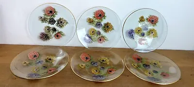 Set Of Six 1960s Hand Painted Glass Floral Plates 7inch Diameter Cottagecore • £30.80