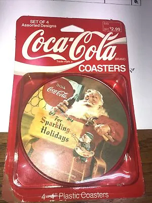 Vintage Coca Cola Plastic Christmas Coasters Set Of 4 Coke Soda Made In USA Nos • $19.77