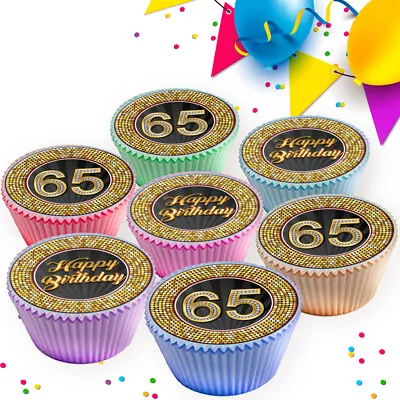 65th Age 65 Happy Birthday Black & Gold Edible Cupcake Toppers  Decorations 8417 • £2.99