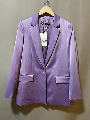 NWT ZARA Women Long Sleeve Notch Lapel One-Button Satin Blazer Jacket SZ S Lilac • $30