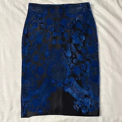 Black Royal Blue Velvet Floral Pencil Skirt Medium Eci New York • $19.99