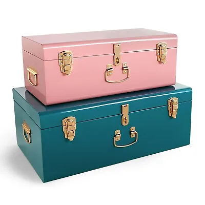 Beautify Teal & Pink Metal Storage Trunks Chest Bedroom Dressing Room Set Of 2 • £89.99