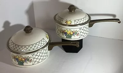 2 Vintage Villeroy & Boch Germany Enameled  Basket  Sauce / Soup Pots W/ Lids. • $48.95