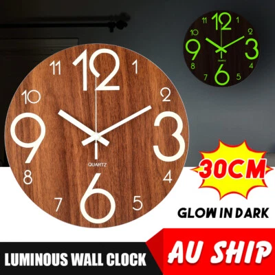 $17.95 • Buy 12  Modern Luminous Round Silent Wall Clock Glow In Dark Wooden Non-Ticking Home