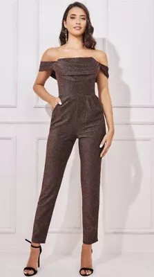 Goddiva Lurex Cowl Neck Jumpsuit Bronze Size 12. • £55