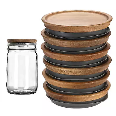 6 Pack Mason Jar Lids Wide Mouth With Wood Wide Mouth Wooden Storage Lids • $20.54