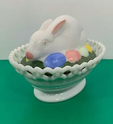 Westmoreland Milk Glass Bunny Rabbit On Nest With Colored Easter Eggs Candy Dish • $74.95