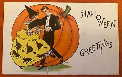 Vintage Halloween Linen Postcard Good Condition Dancing Tux Dress Cats Witch Pum • $29.99