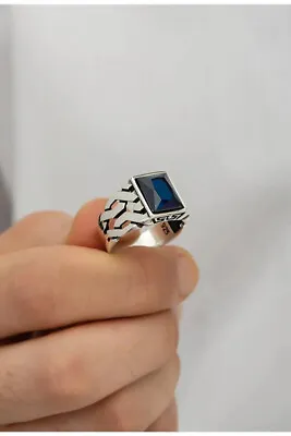 Solid Sterling 925 Silver Men's Jewelry Lab-created Setting Blue Sapphire Ring • $36