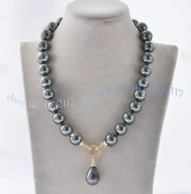 £9.08 • Buy 8-14mm Dark Gray Round South Sea Shell Pearl Teardrop Pendant Necklace 14-32''