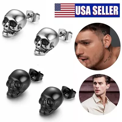 Punk Goth Stainless Steel Skull Skeleton Ear Stud Earrings Men Women Pierced USA • $7.09