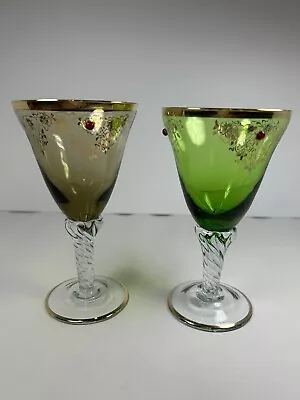 Vintage Czech Bohemian Jeweled Wine Glasses Pair Twisted Stems Gold Trim 5 1/2 • $19