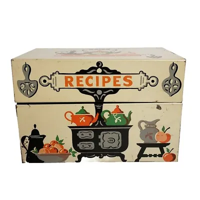 VTG STYLECRAFT Tin Recipe Box 805 Antique Cast Iron Kitchen Stove Coffee Apples • $17.99