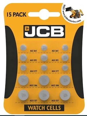 15 JCB Watch Cell Batteries Mixed Pack 3 X Popular Sizes AG1 AG4 AG3 AG12 AG13 • £2.95