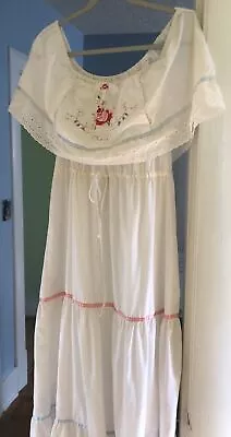 Vintage 1970s White Tiered Prom Dress Embroidered & Ribbons  • $20
