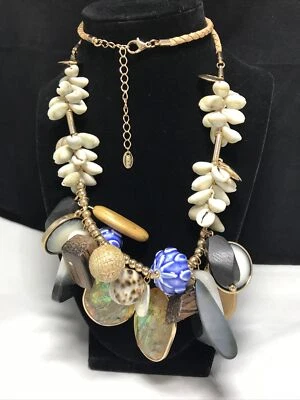 $9.99 • Buy Zara Signed Necklace Costume Shell Beaded Chunky Natural Tropical Drift Wood 