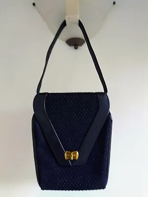 Vintage Navy Blue Woven Raffia Single Handle Purse W/ Leather Trim 7  X 8  X 2  • $19.99