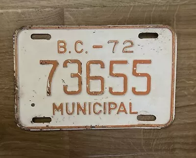 Vintage Original British Columbia 1972 MUNICIPAL License Plate 73655 • $6