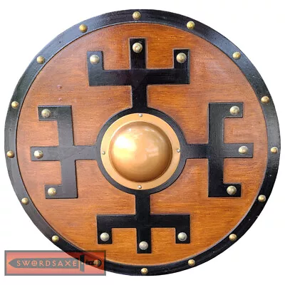 Viking Runes Helm Of Awe Aegishjalmur Norse Wood Round Shield Gold Boss Leather • $99.99