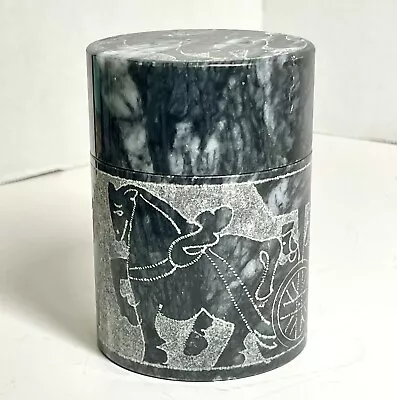 Vintage Etched Carved Marble Trinket Stash Box Black Greek Horse Chariot • $9.99