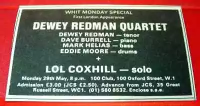 Dewey Redman Quartet/Lol Coxhill Gig Vintage ORIG 1978 Press/Mag ADVERT 3.5 X 2  • £1.99