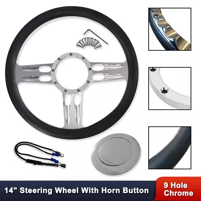 14  Chrome Billet Aluminum 9 Holes Steering Wheel W/ Black Leather & Horn Button • $124.68