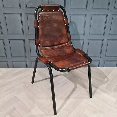 Industrial Vintage Stackable Dining Chairs Brown Genuine Real Leather Metal Cafe • £89