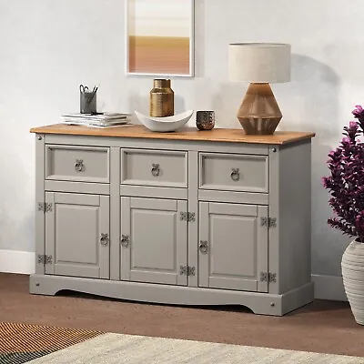 Corona Sideboard Grey Wax 3 Door 3 Drawer Solid Pine Dining Mercers Furniture® • £129.99