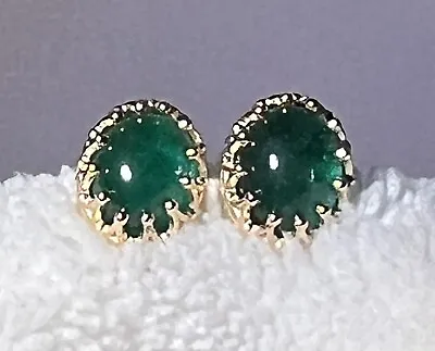 Zambian Emerald Cabochon Stud Earrings 14KYG -FREE SHIPPING • $1000